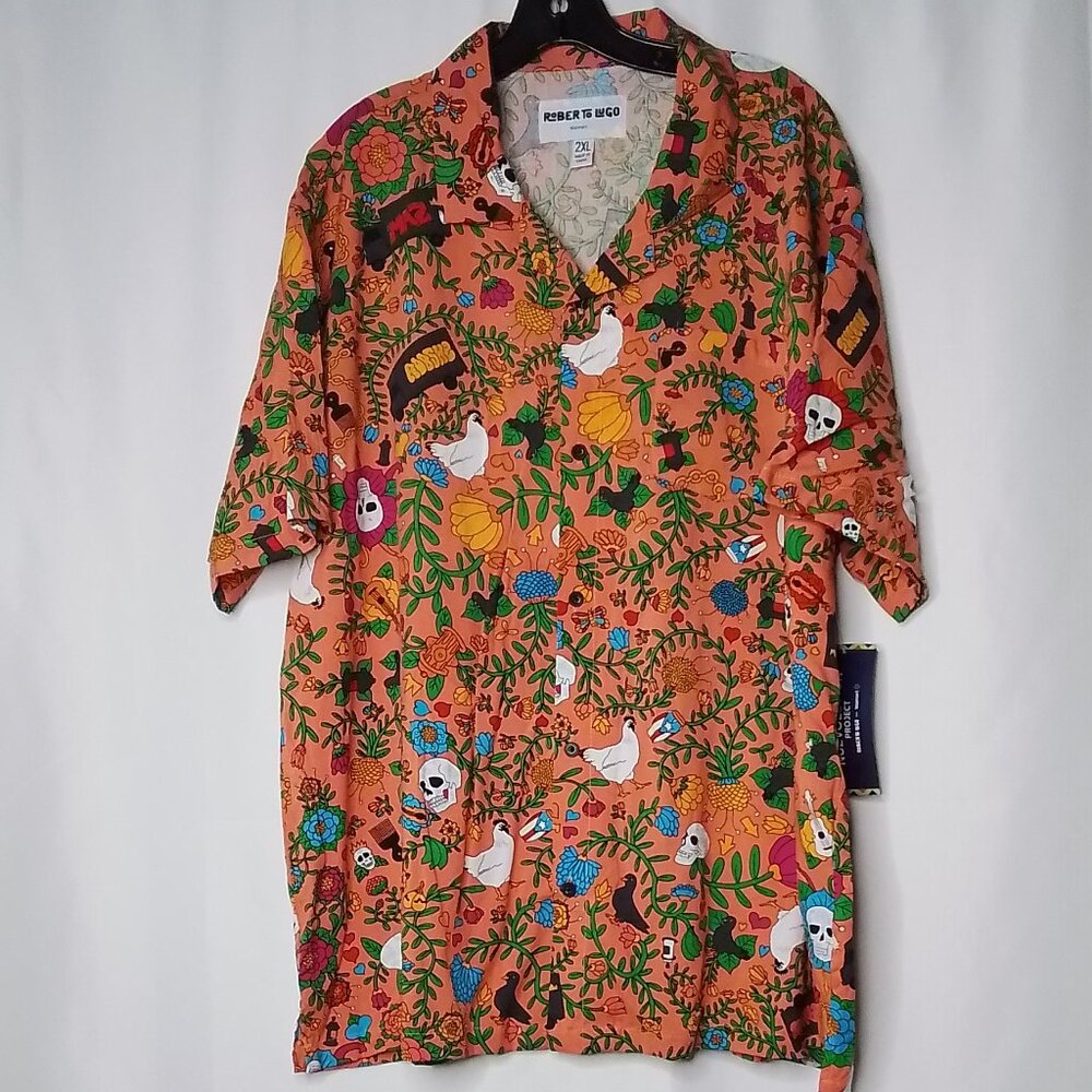 NWT ROBERTO LUGO ALL GENDER FLORAL SKULLS & TRUCKS PRINTED RAYON SHIRT SIZE 2XL